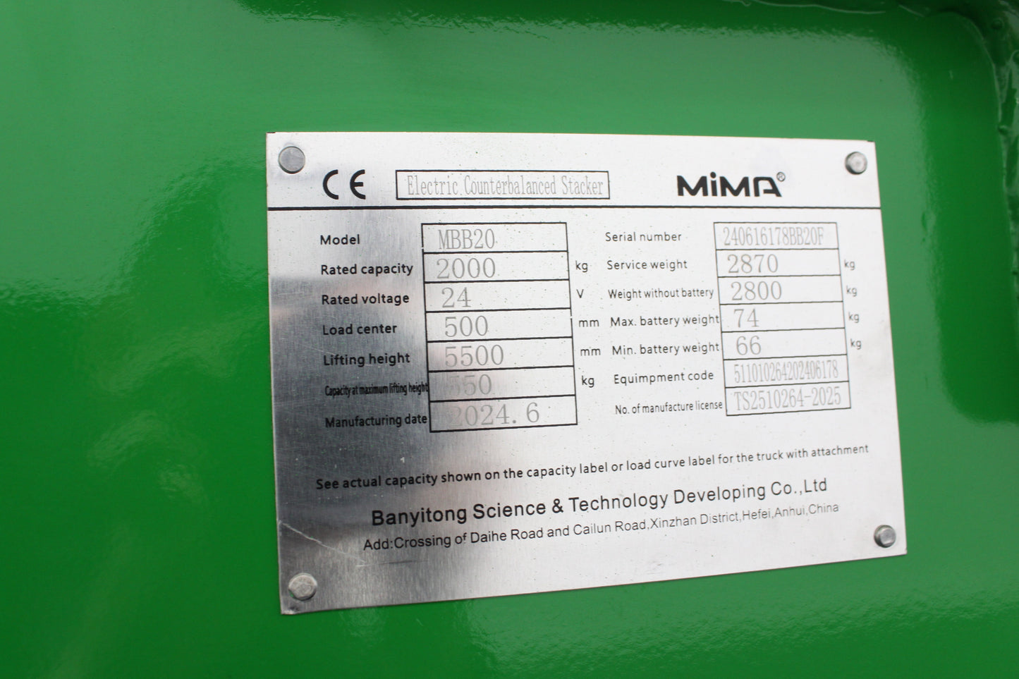 Mima mbb20 electric counterbalance stacker