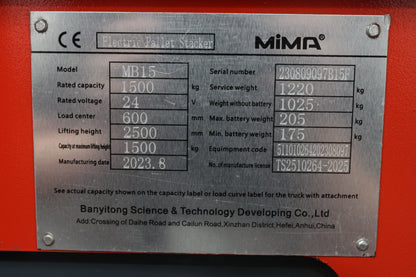 Mima mb15 extra wide straddle pallet stacker - Ride on